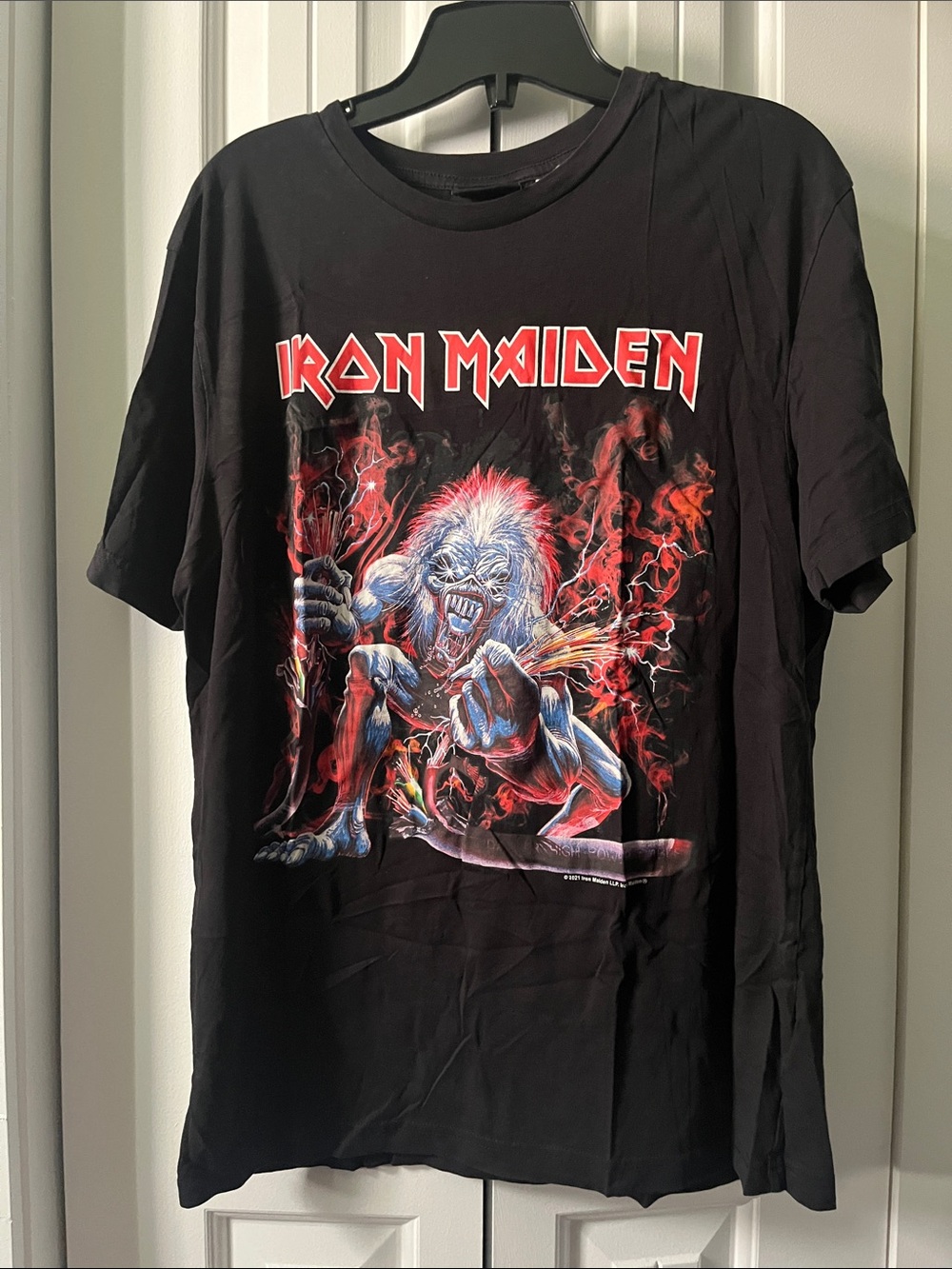 H&M Black Iron Maiden Graphic Tee with Red and Blue Artwork
